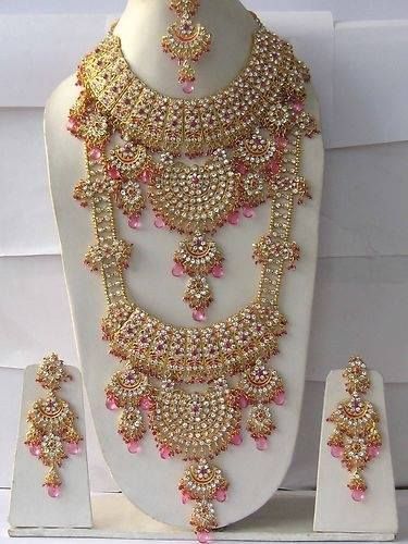 Golden CZ Full Bridal Necklace Set, Size: Long