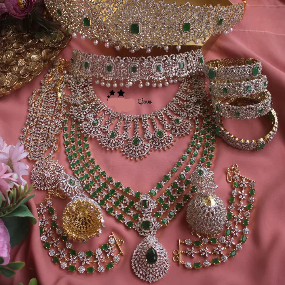 Full Combo American Diamond High Quality Earrings, choker, haram ,Kangan Jumka and necklace set