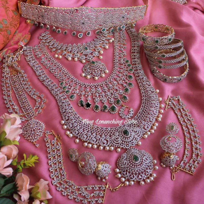 Golden Green Bridal set, Delicate Bridal Jewellery for women, Artificial Festive jewelry
