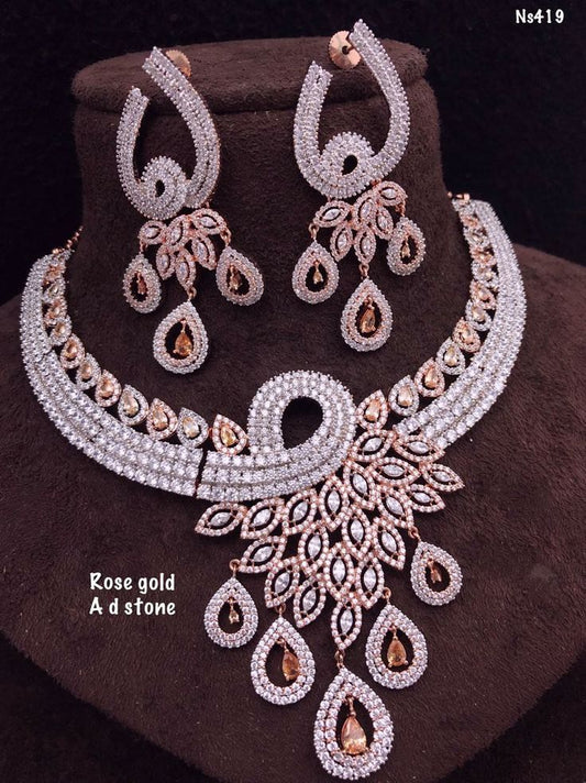 Rose Gold Diamond Stone Necklace Set