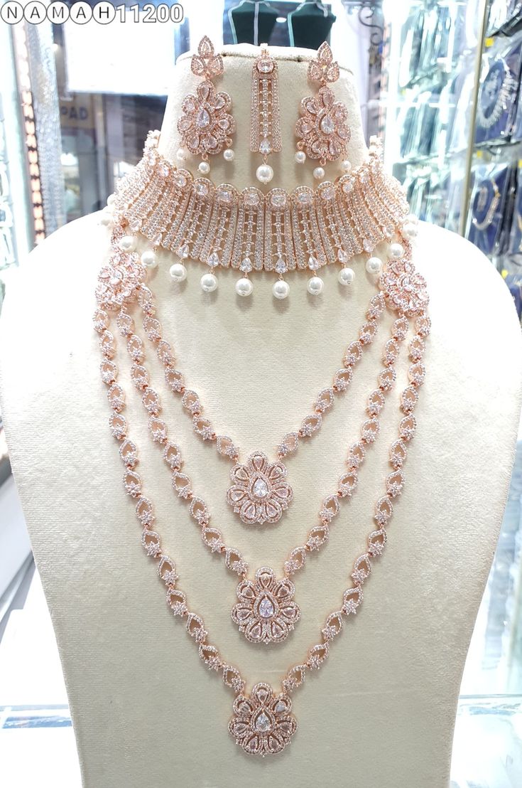 Rose Gold Diamond Three Layered Necklace Set