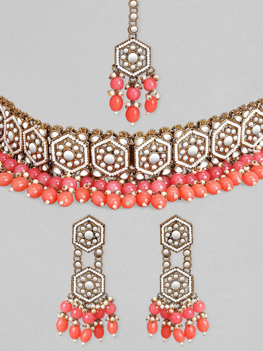 Gold Plated Handcrafted Mirror Pink Beaded Necklace Set