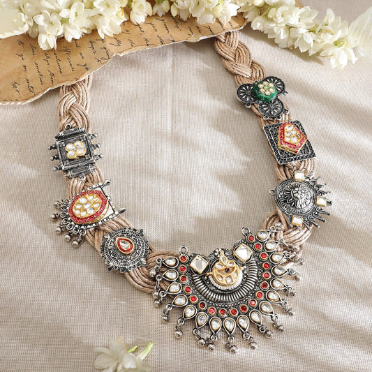 Oxidized Silver-Plated Multicolor Bold Statement Necklace with Threaded Detailing